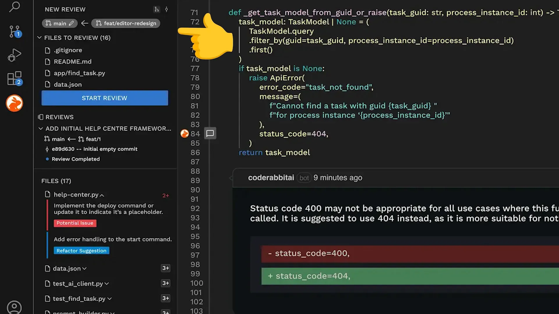 CodeRabbit VS Code extension interface showing AI-powered code reviews