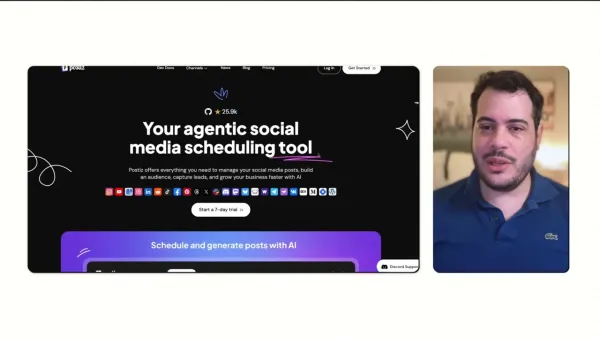 Postiz landing page hero showing headline 'Your agentic social media scheduling tool', platform icons, and a presenter thumbnail at right.