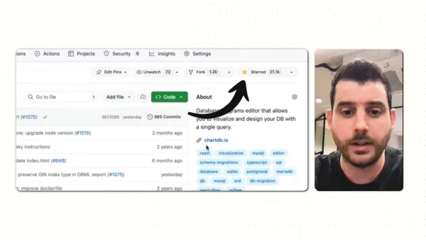 Screenshot of a GitHub repository UI for ChartDB highlighting the starred count (21.1k) with a small video thumbnail of a speaker on the right.